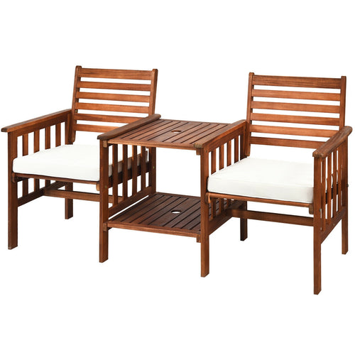 3 Pcs Patio Table Chairs Set, Acacia Wood Loveseat, White