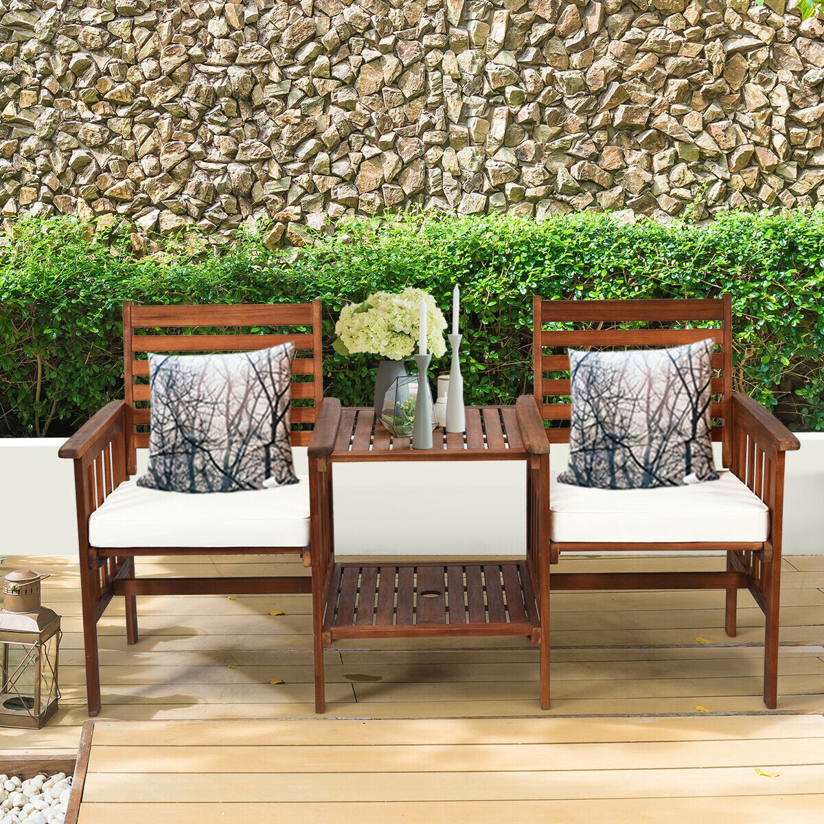 3 pcs Outdoor Patio Table Chairs Set Acacia Wood Loveseat, White Patio Conversation Sets at Gallery Canada