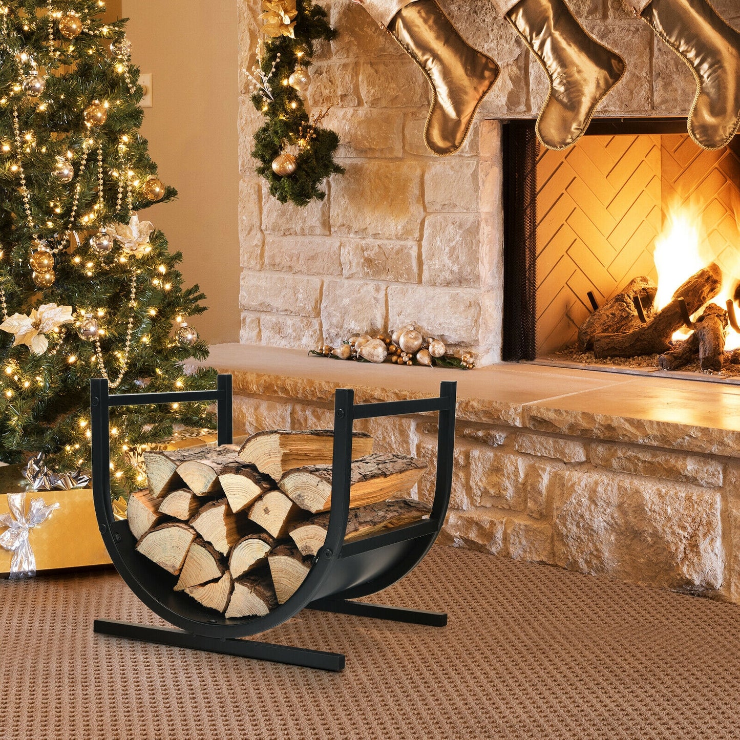17 Inch U-Shaped Firewood Rack, Steel, Black Log Storage at Gallery Canada