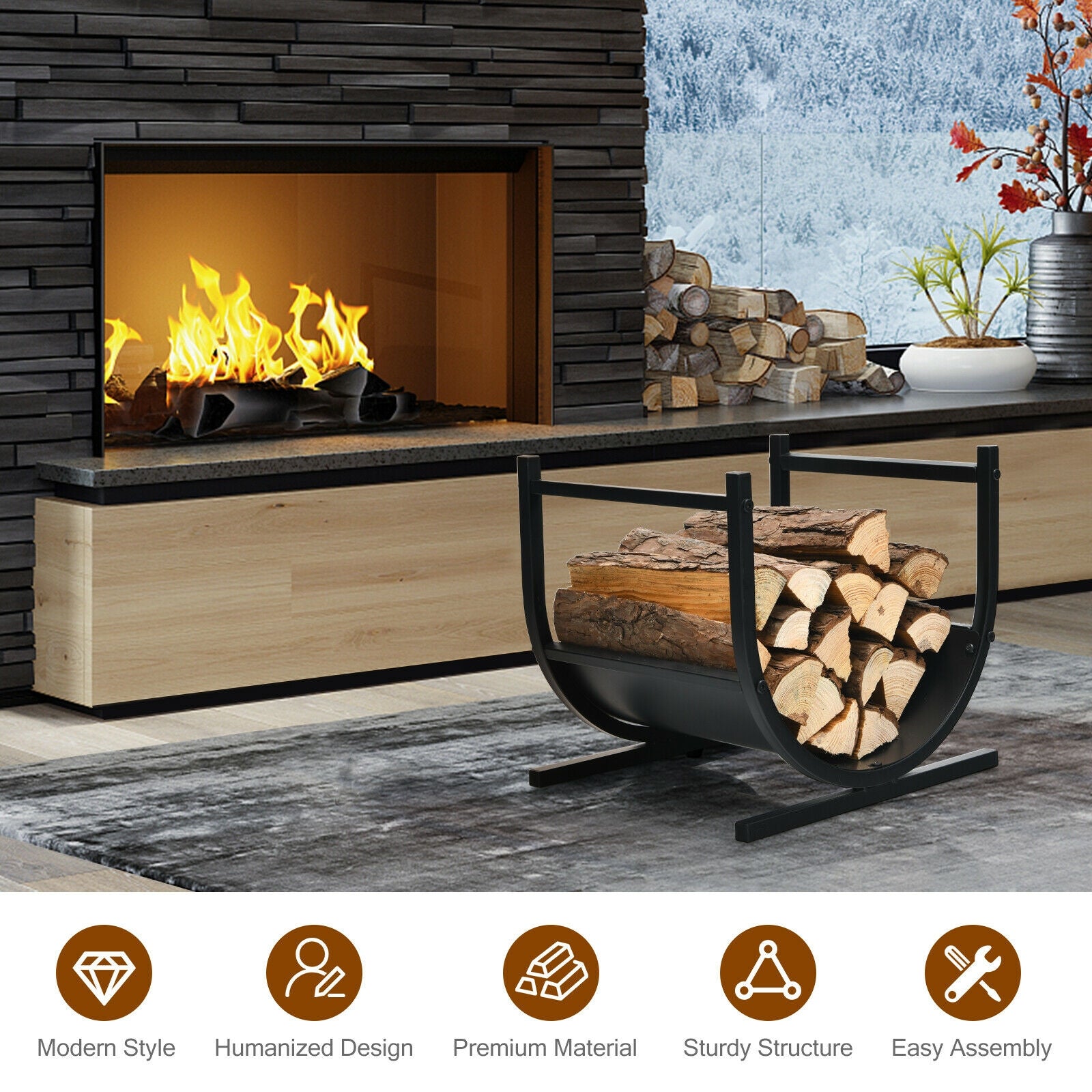 17 Inch U-Shaped Firewood Rack, Steel, Black Log Storage at Gallery Canada
