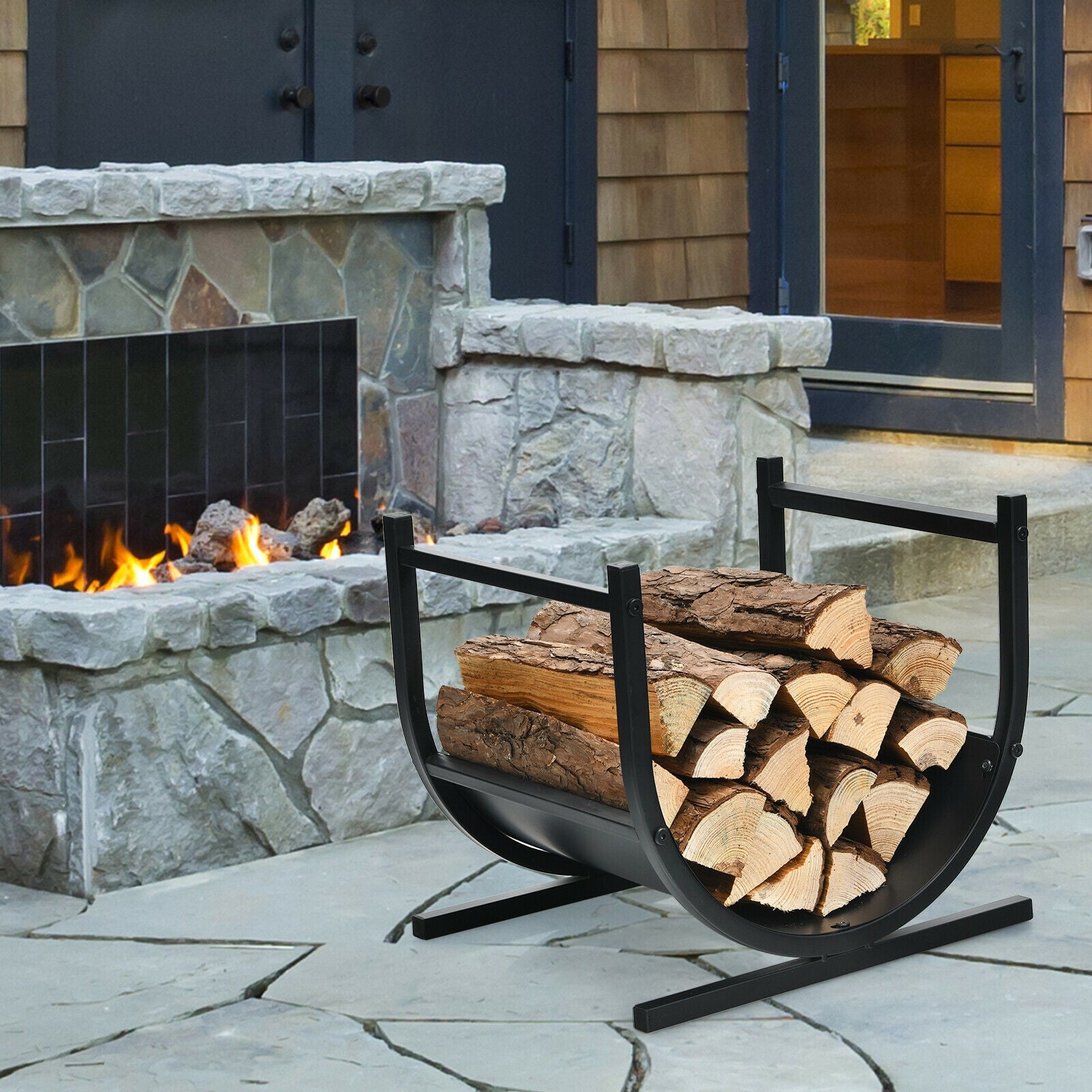 17 Inch U-Shaped Firewood Rack, Steel, Black Log Storage at Gallery Canada