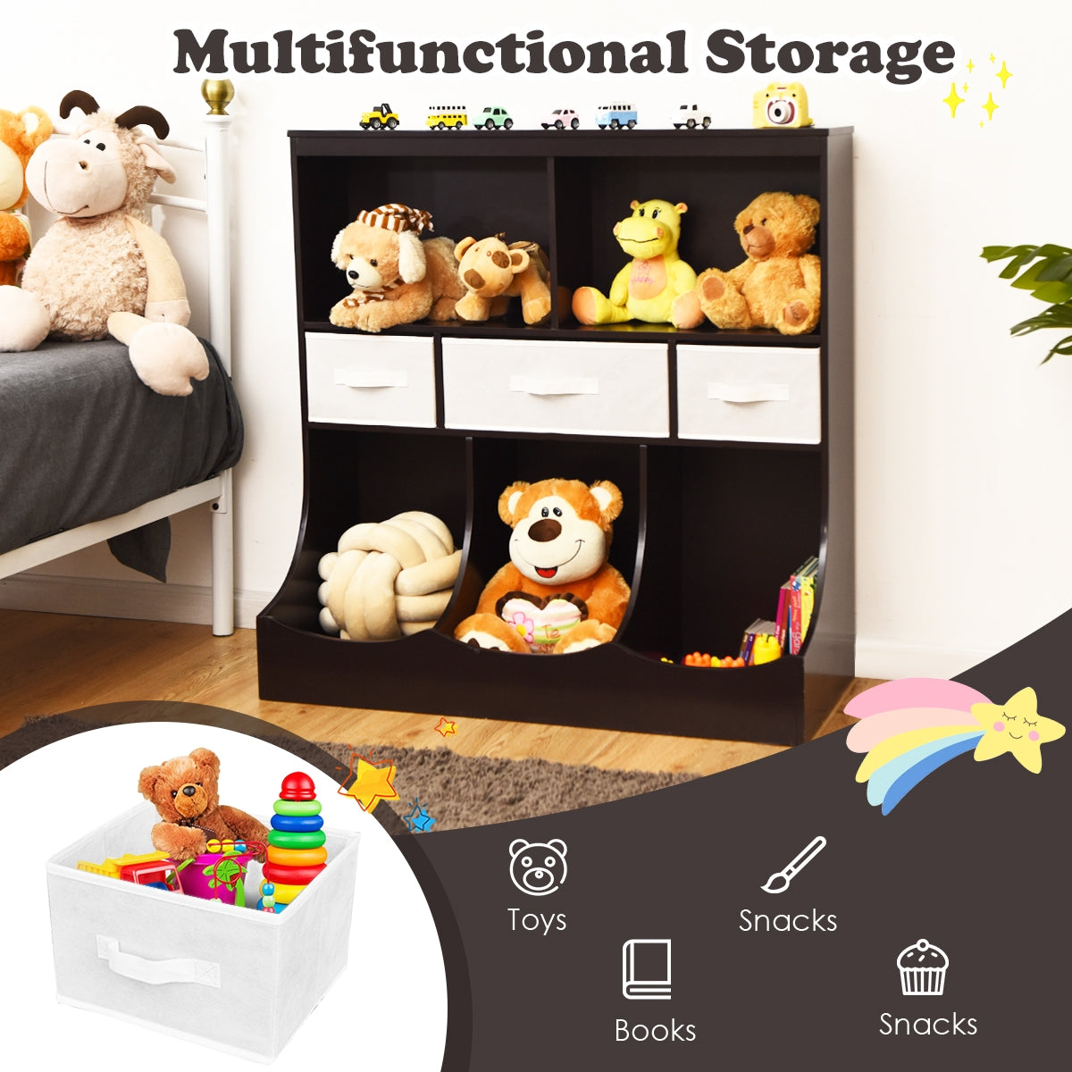 Freestanding Combo Cubby Bin Storage Organizer Unit W/3 Baskets, Brown Kids Storage at Gallery Canada