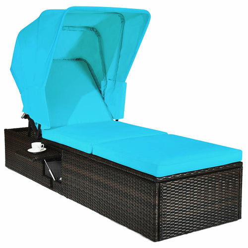 Outdoor Chaise Lounge Chair with Folding Canopy, Turquoise