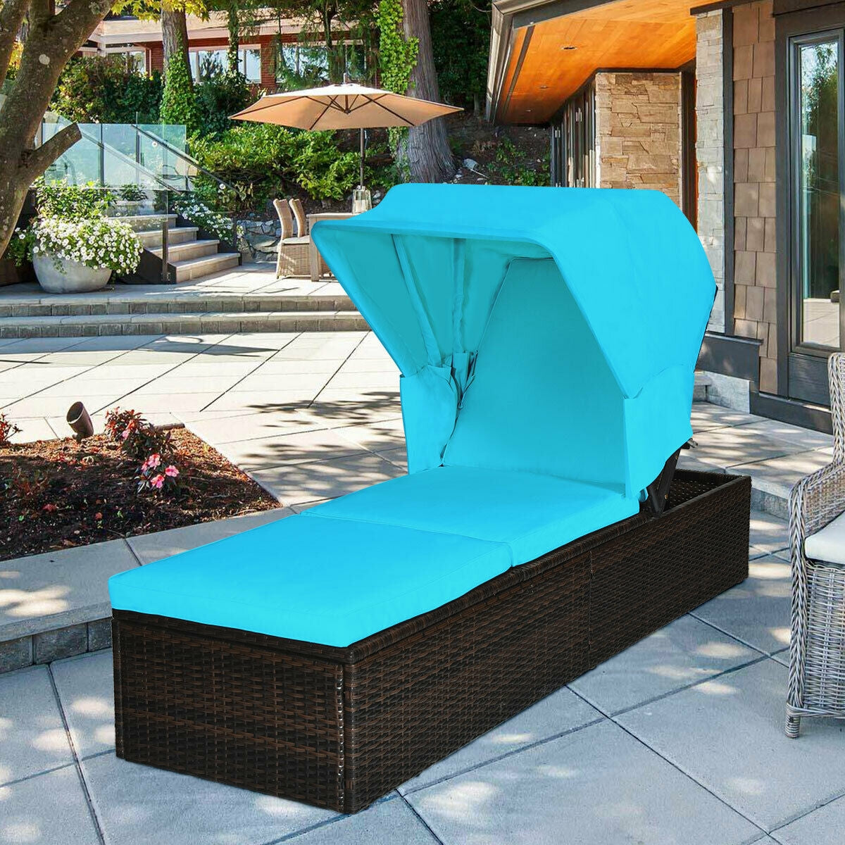 Outdoor Chaise Lounge Chair with Folding Canopy, Turquoise Outdoor Chaise Lounges at Gallery Canada