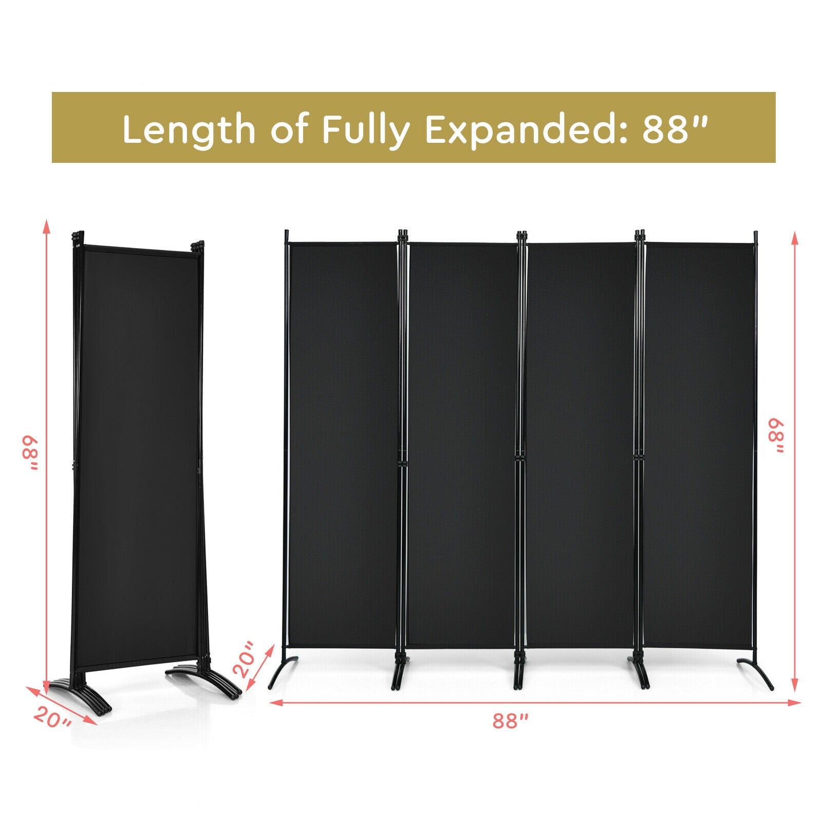 4-Panel Room Divider with Steel Frame, Black Room Dividers at Gallery Canada