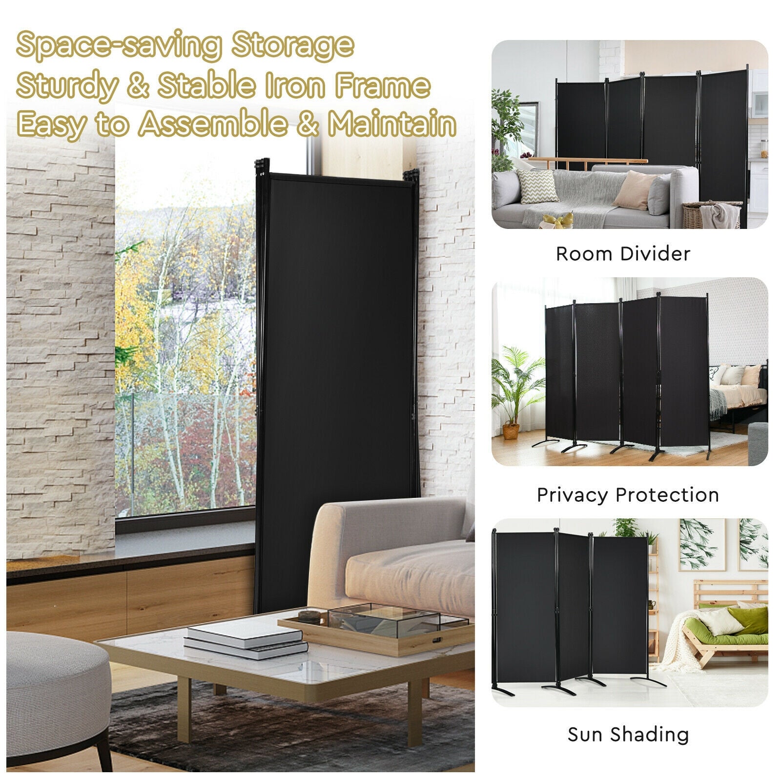 4-Panel Room Divider with Steel Frame, Black Room Dividers at Gallery Canada