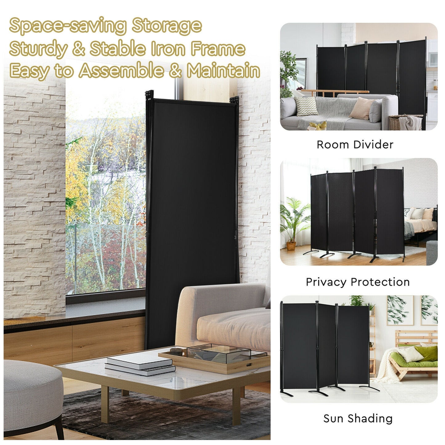 4-Panel Room Divider with Steel Frame, Black Room Dividers at Gallery Canada