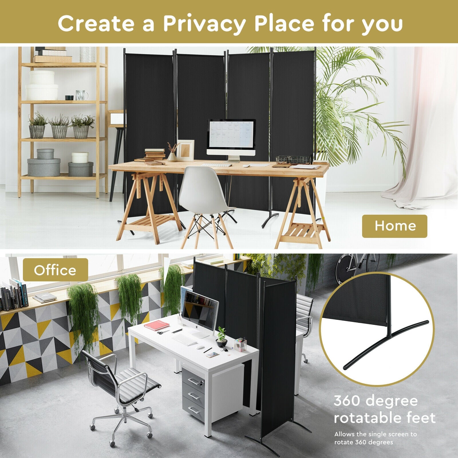 4-Panel Room Divider with Steel Frame, Black Room Dividers at Gallery Canada