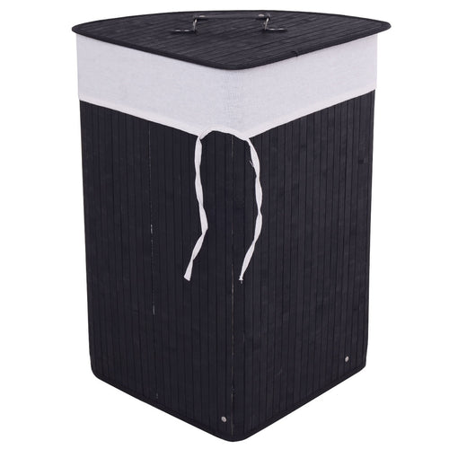 Corner Bamboo Hamper Laundry Basket with Lid and Removable Liner, Black