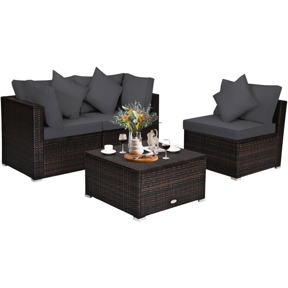 4 Pieces Ottoman Garden Patio Rattan Wicker Furniture Set with Cushion, Gray Outdoor Sectionals at Gallery Canada