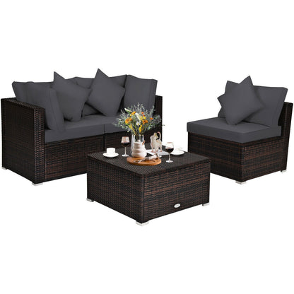 4 Pieces Ottoman Garden Patio Rattan Wicker Furniture Set with Cushion, Gray Outdoor Sectionals at Gallery Canada