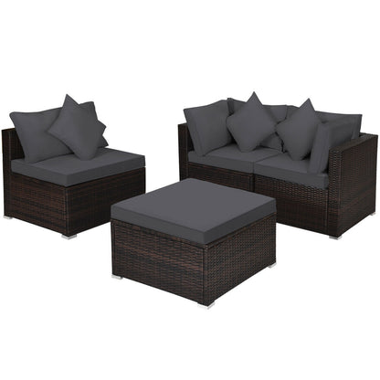 4 Pieces Ottoman Garden Patio Rattan Wicker Furniture Set with Cushion, Gray Outdoor Sectionals Gray at Gallery Canada