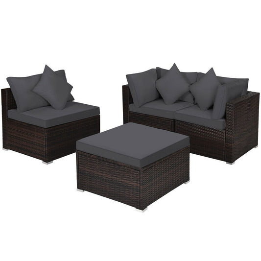 4 Pieces Ottoman Garden Patio Rattan Wicker Furniture Set with Cushion, Gray at Gallery Canada