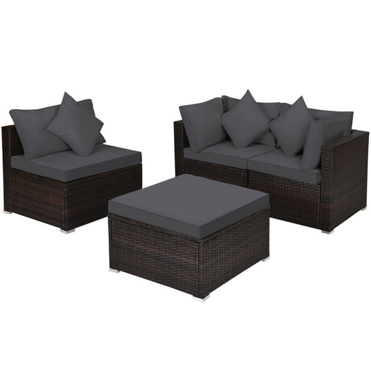 4 Pieces Ottoman Garden Patio Rattan Wicker Furniture Set with Cushion, Gray Outdoor Sectionals Gray at Gallery Canada