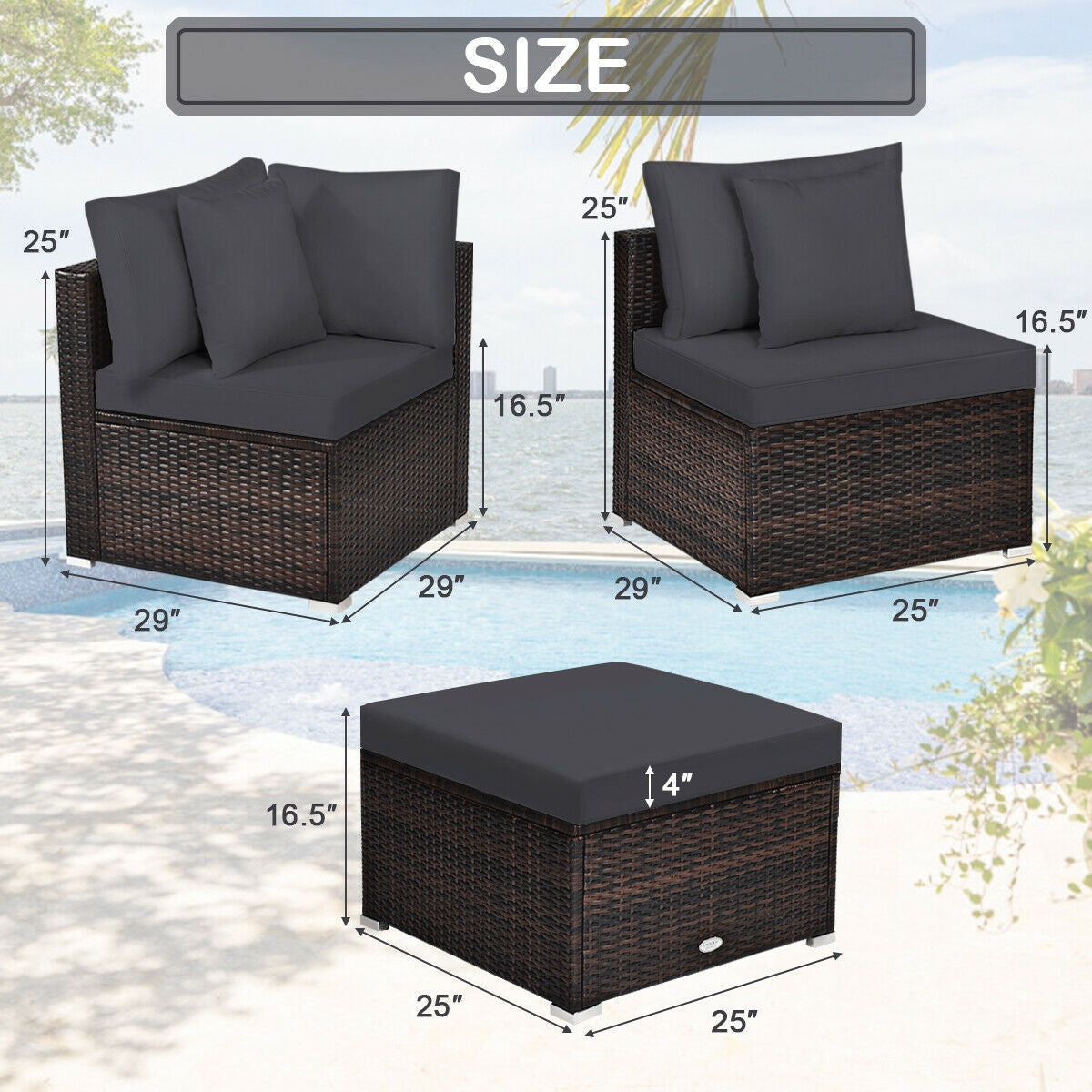 4 Pieces Ottoman Garden Patio Rattan Wicker Furniture Set with Cushion, Gray Outdoor Sectionals at Gallery Canada