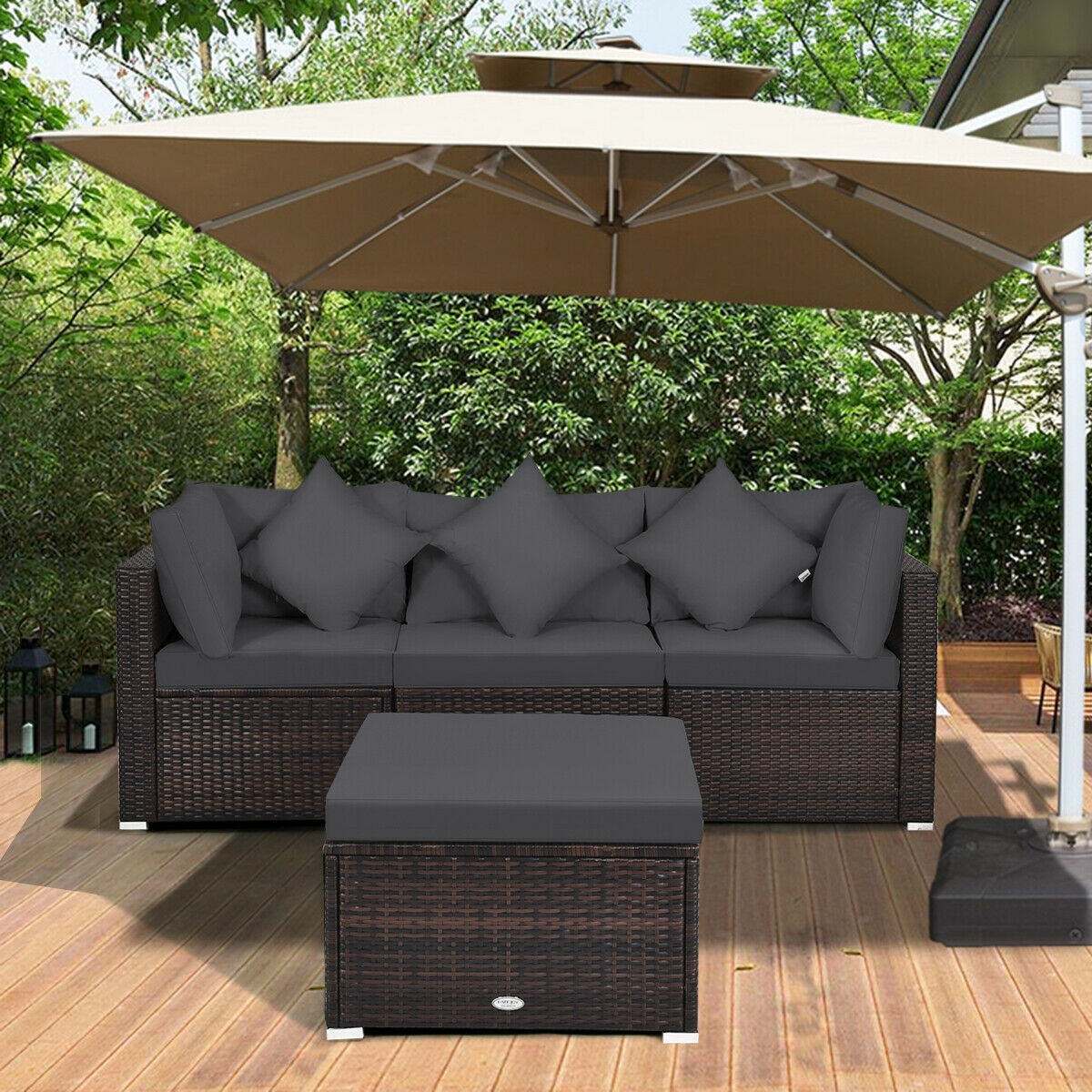 4 Pieces Ottoman Garden Patio Rattan Wicker Furniture Set with Cushion, Gray Outdoor Sectionals at Gallery Canada