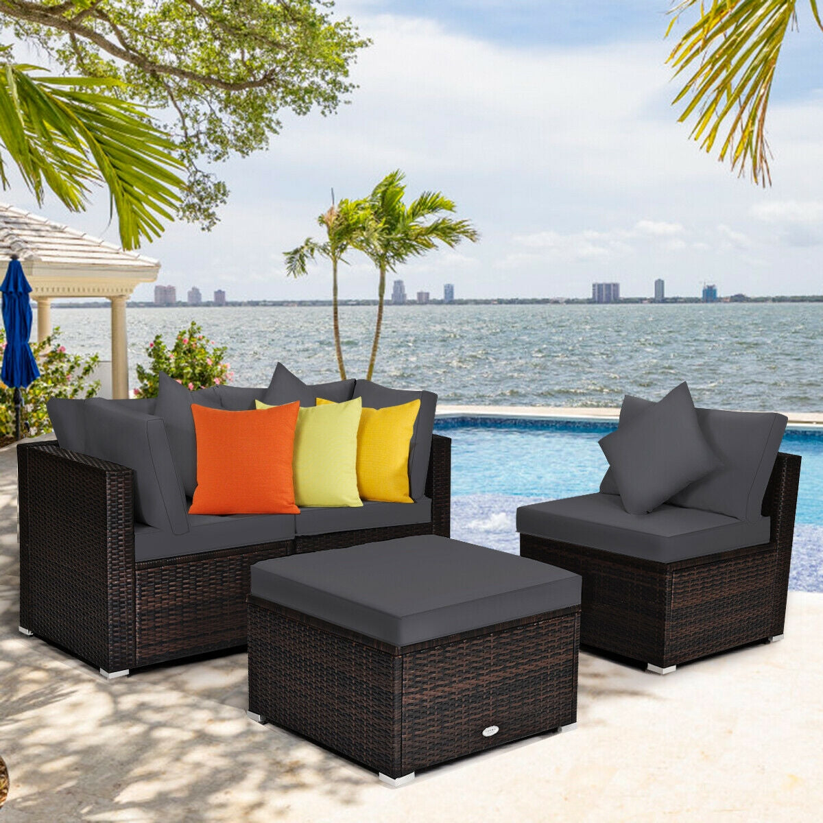 4 Pieces Ottoman Garden Patio Rattan Wicker Furniture Set with Cushion, Gray Outdoor Sectionals at Gallery Canada