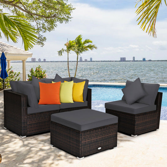 4 Pieces Ottoman Garden Patio Rattan Wicker Furniture Set with Cushion, Gray Outdoor Sectionals Gray at Gallery Canada