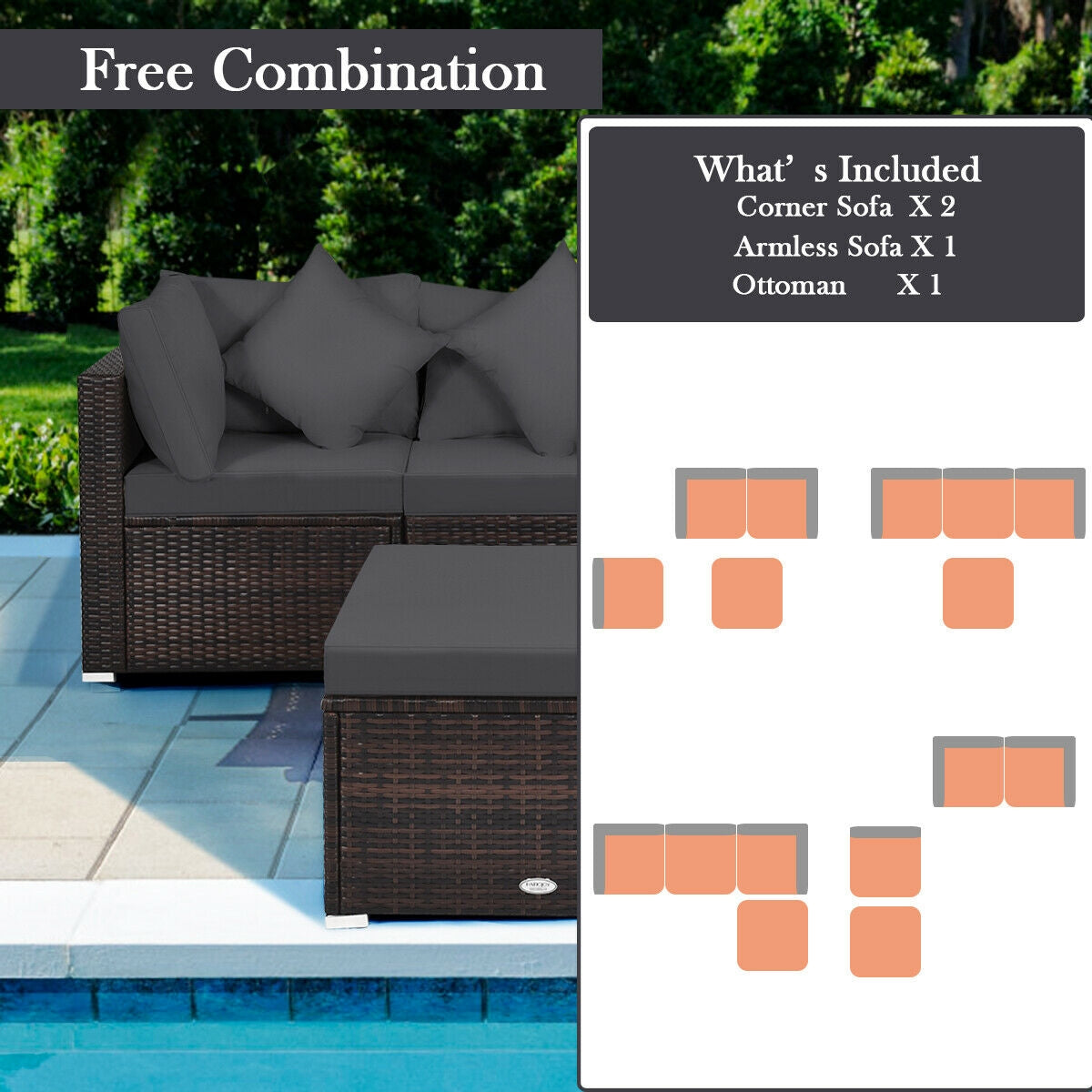 4 Pieces Ottoman Garden Patio Rattan Wicker Furniture Set with Cushion, Gray Outdoor Sectionals at Gallery Canada