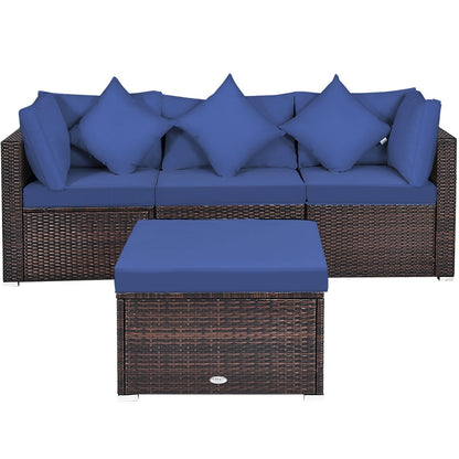 4 Pieces Ottoman Garden Patio Rattan Wicker Furniture Set with Cushion, Navy - Gallery Canada