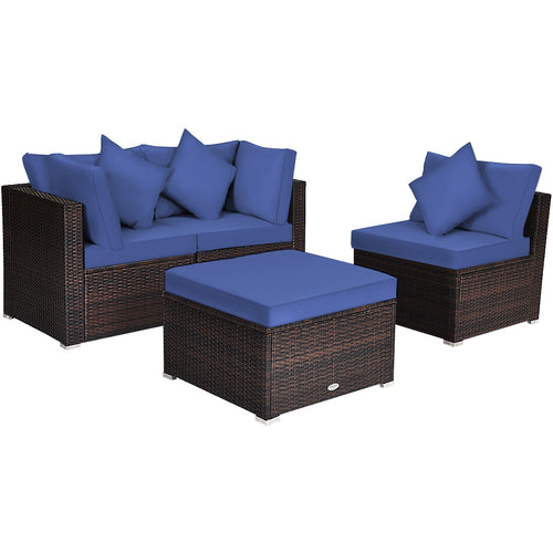 4-Piece Ottoman Garden Patio Rattan Wicker Set With Cushion, Navy