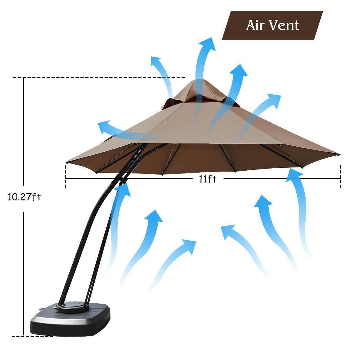 11 Feet Cantilever Hanging Umbrella with Base and Wheels, Tan Outdoor Umbrellas at Gallery Canada