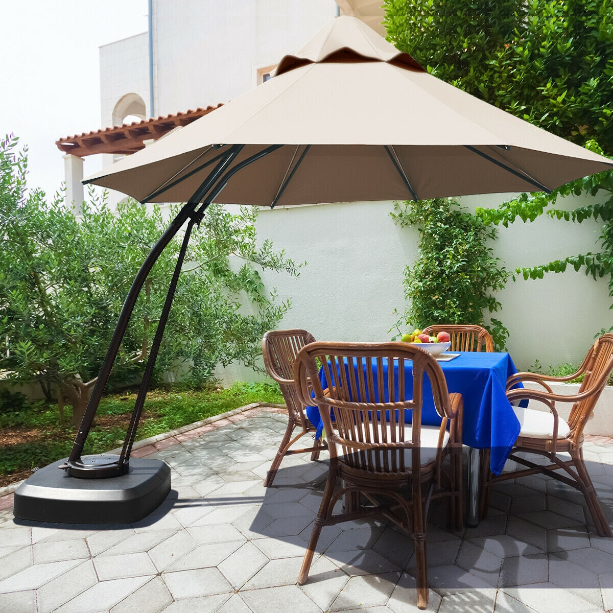 11 Feet Cantilever Hanging Umbrella with Base and Wheels, Tan Outdoor Umbrellas at Gallery Canada