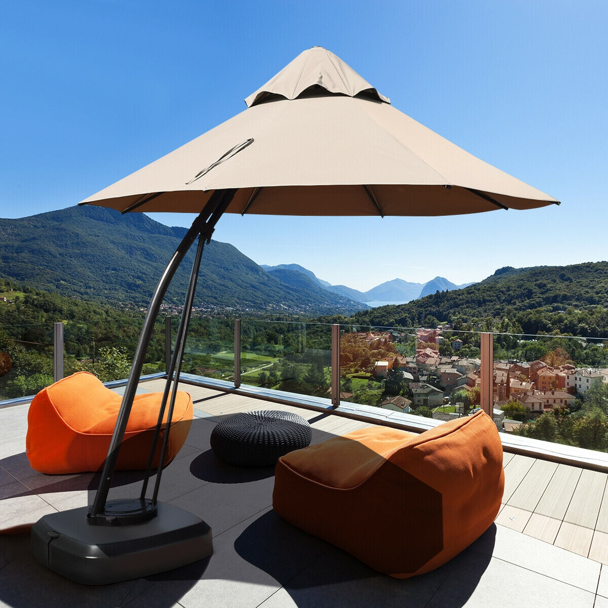 11 Feet Cantilever Hanging Umbrella with Base and Wheels, Tan Outdoor Umbrellas at Gallery Canada