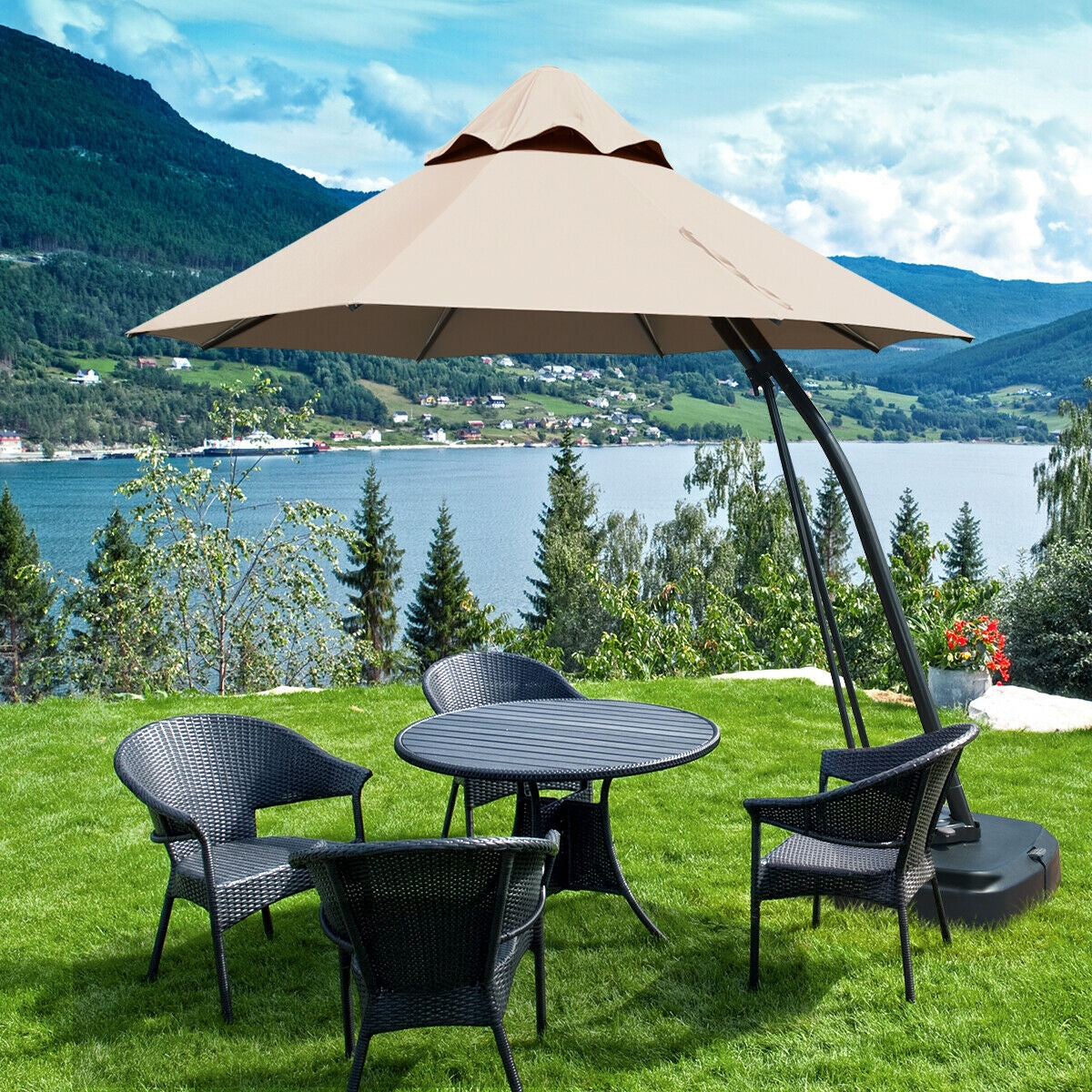11 Feet Cantilever Hanging Umbrella with Base and Wheels, Tan Outdoor Umbrellas at Gallery Canada
