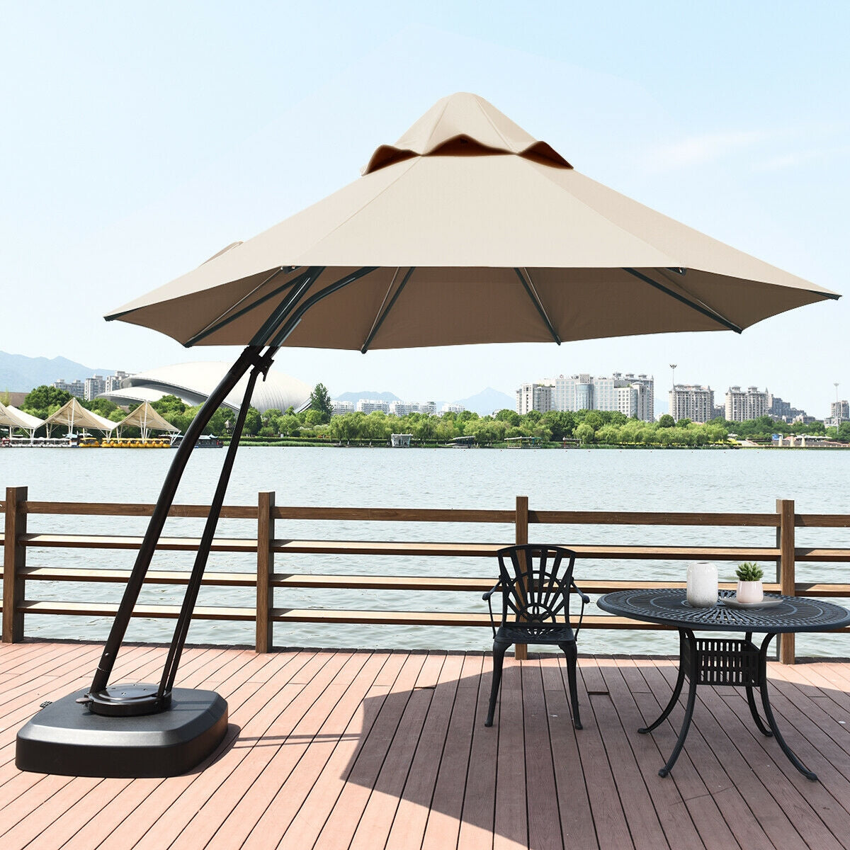 11 Feet Cantilever Hanging Umbrella with Base and Wheels, Tan Outdoor Umbrellas at Gallery Canada