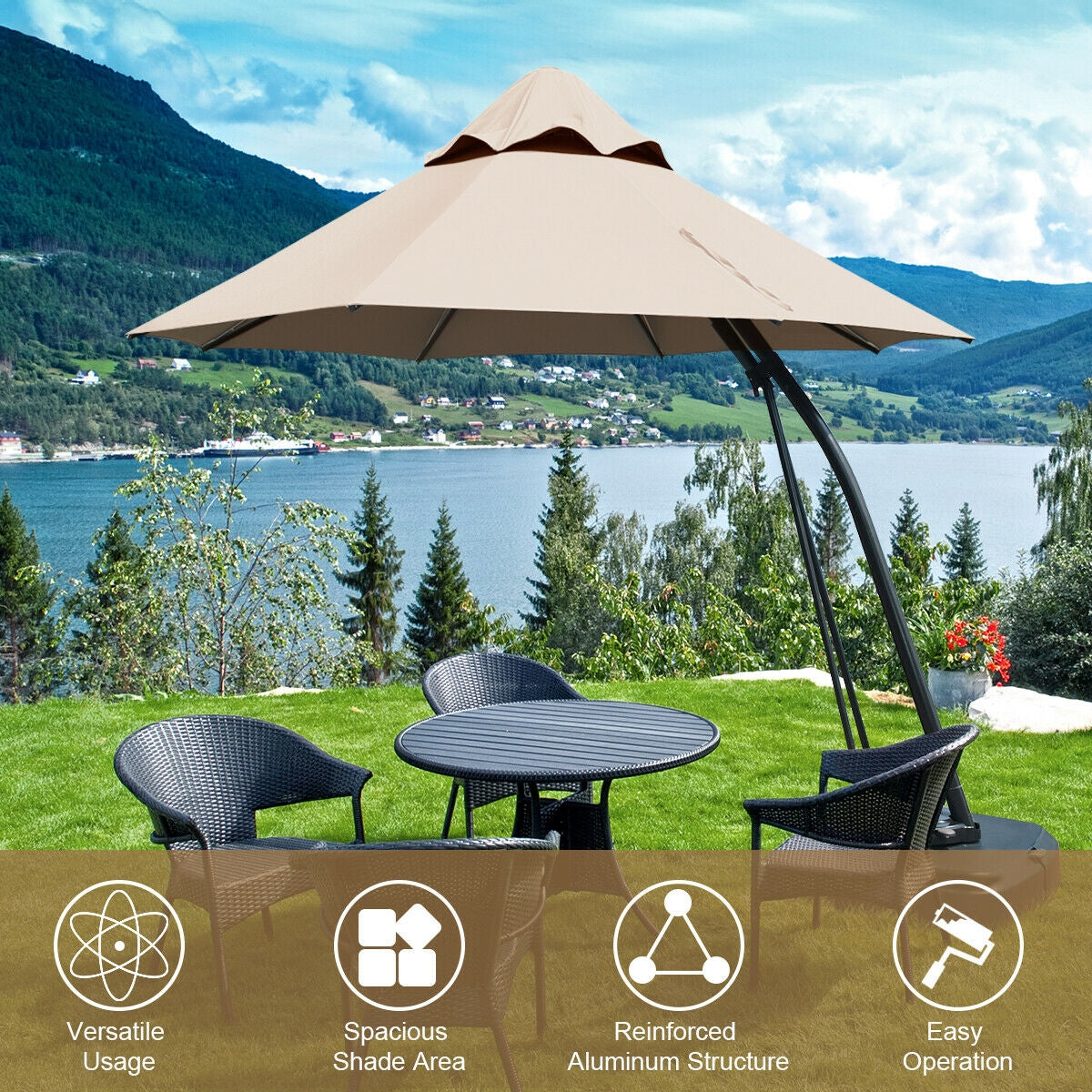 11 Feet Cantilever Hanging Umbrella with Base and Wheels, Tan Outdoor Umbrellas at Gallery Canada