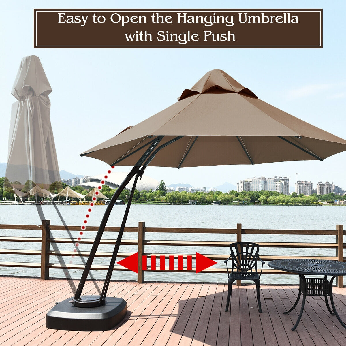 11 Feet Cantilever Hanging Umbrella with Base and Wheels, Tan Outdoor Umbrellas at Gallery Canada