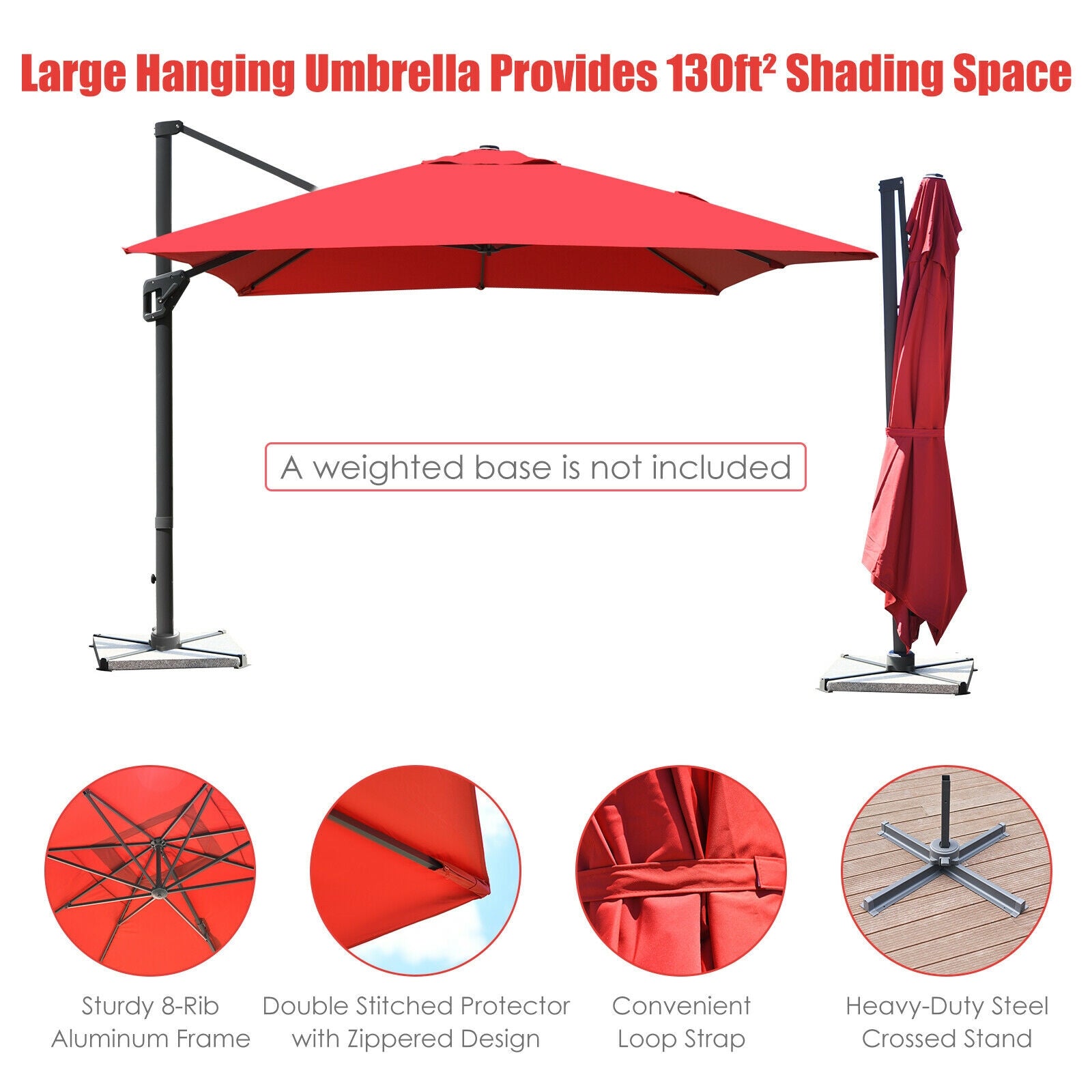 10 x13 Feet Rectangular Cantilever Umbrella with 360° Rotation Function, Red Outdoor Umbrellas at Gallery Canada