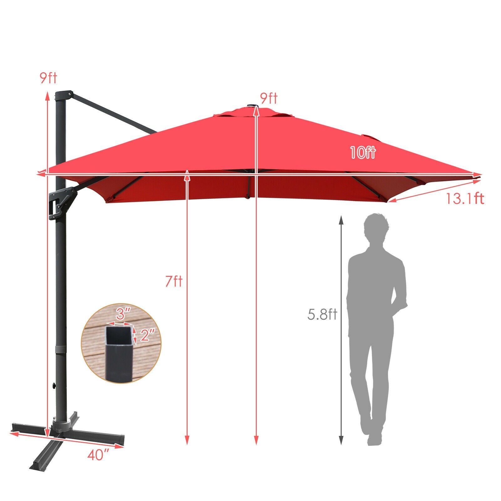 10 x13 Feet Rectangular Cantilever Umbrella with 360° Rotation Function, Red Outdoor Umbrellas at Gallery Canada