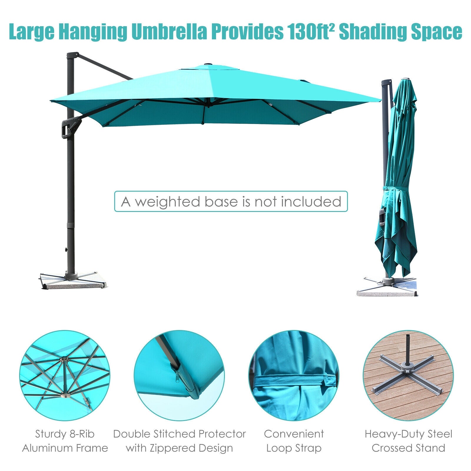 10 x13 Feet Rectangular Cantilever Umbrella with 360° Rotation Function, Turquoise Outdoor Umbrellas at Gallery Canada