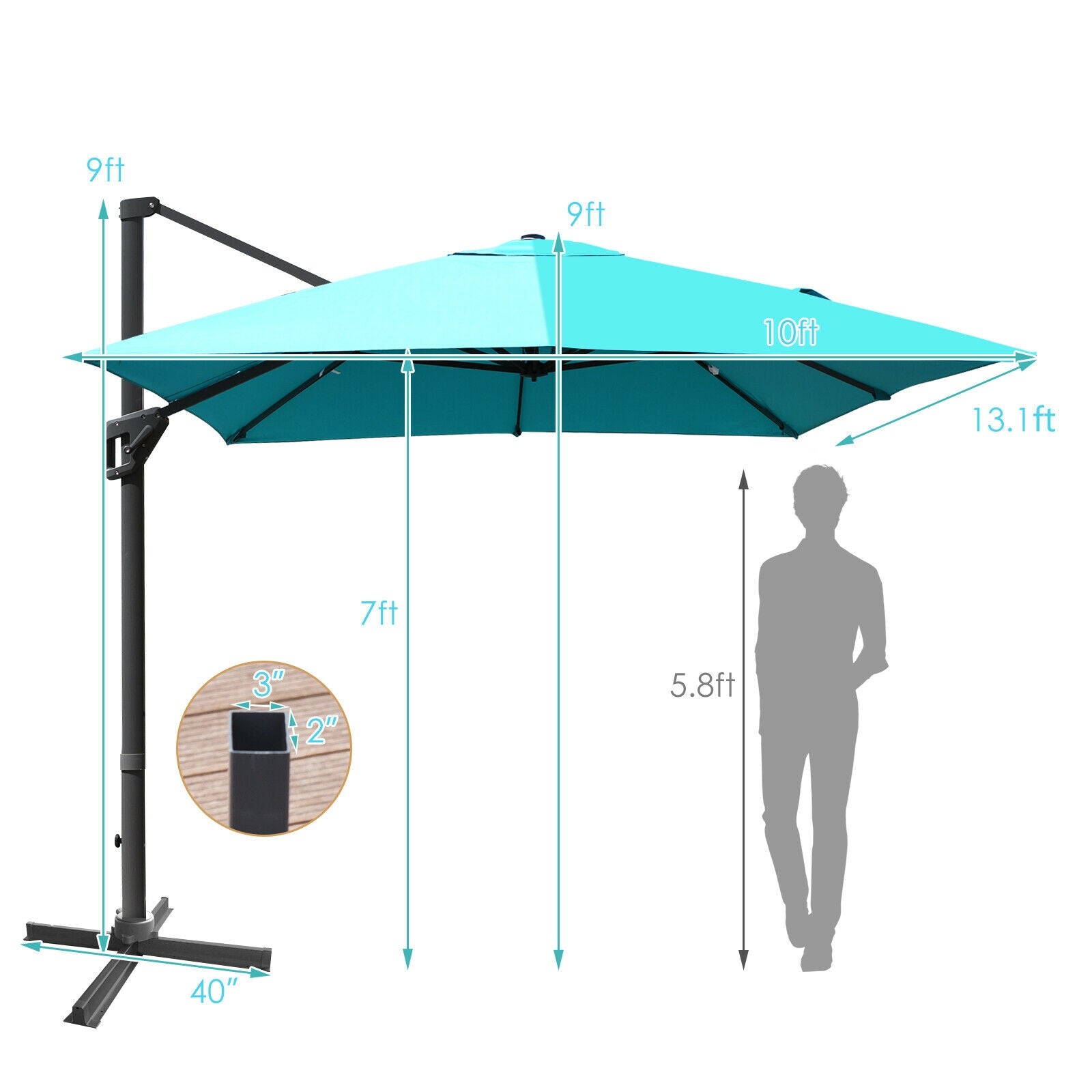 10 x13 Feet Rectangular Cantilever Umbrella with 360° Rotation Function, Turquoise Outdoor Umbrellas at Gallery Canada