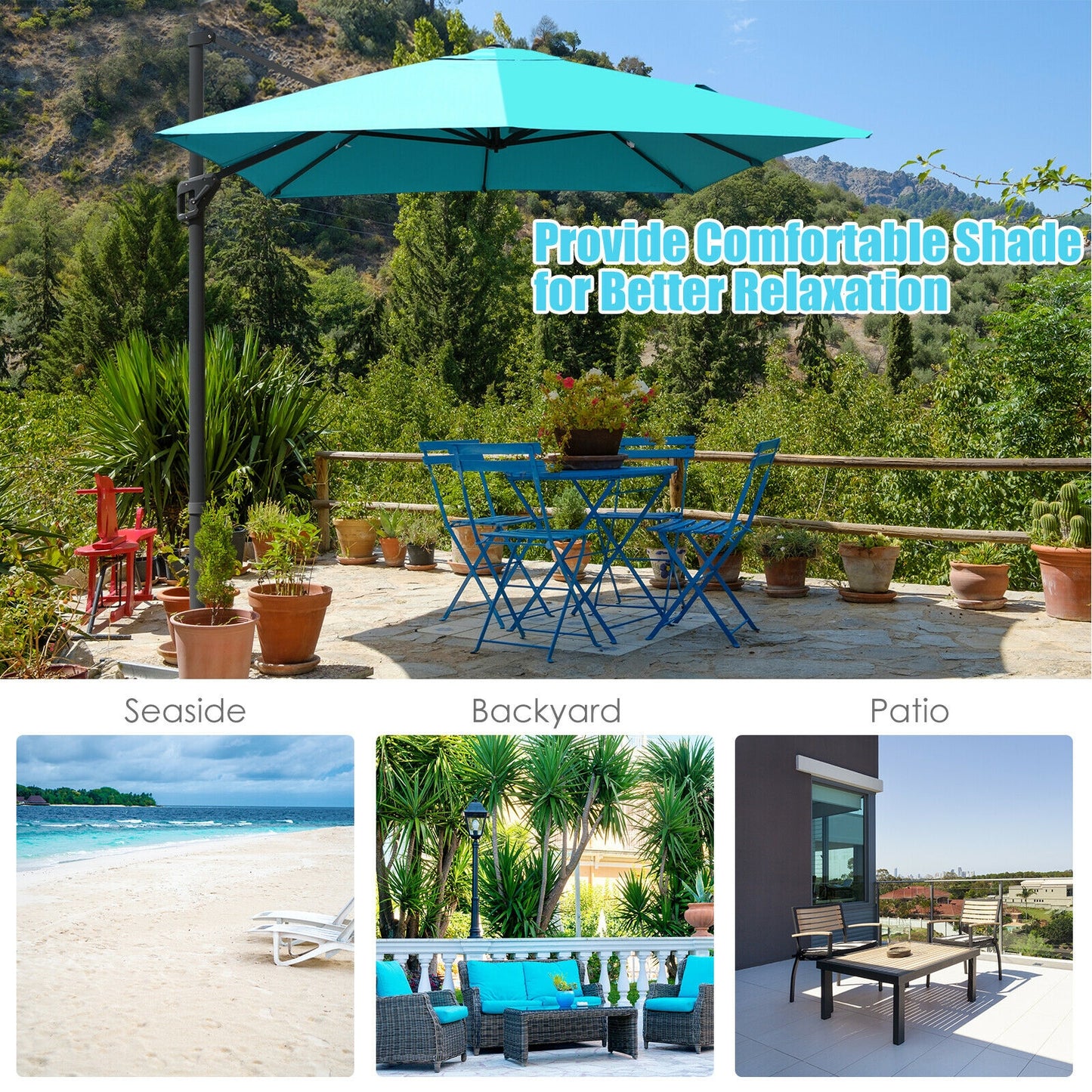 10 x13 Feet Rectangular Cantilever Umbrella with 360° Rotation Function, Turquoise Outdoor Umbrellas at Gallery Canada