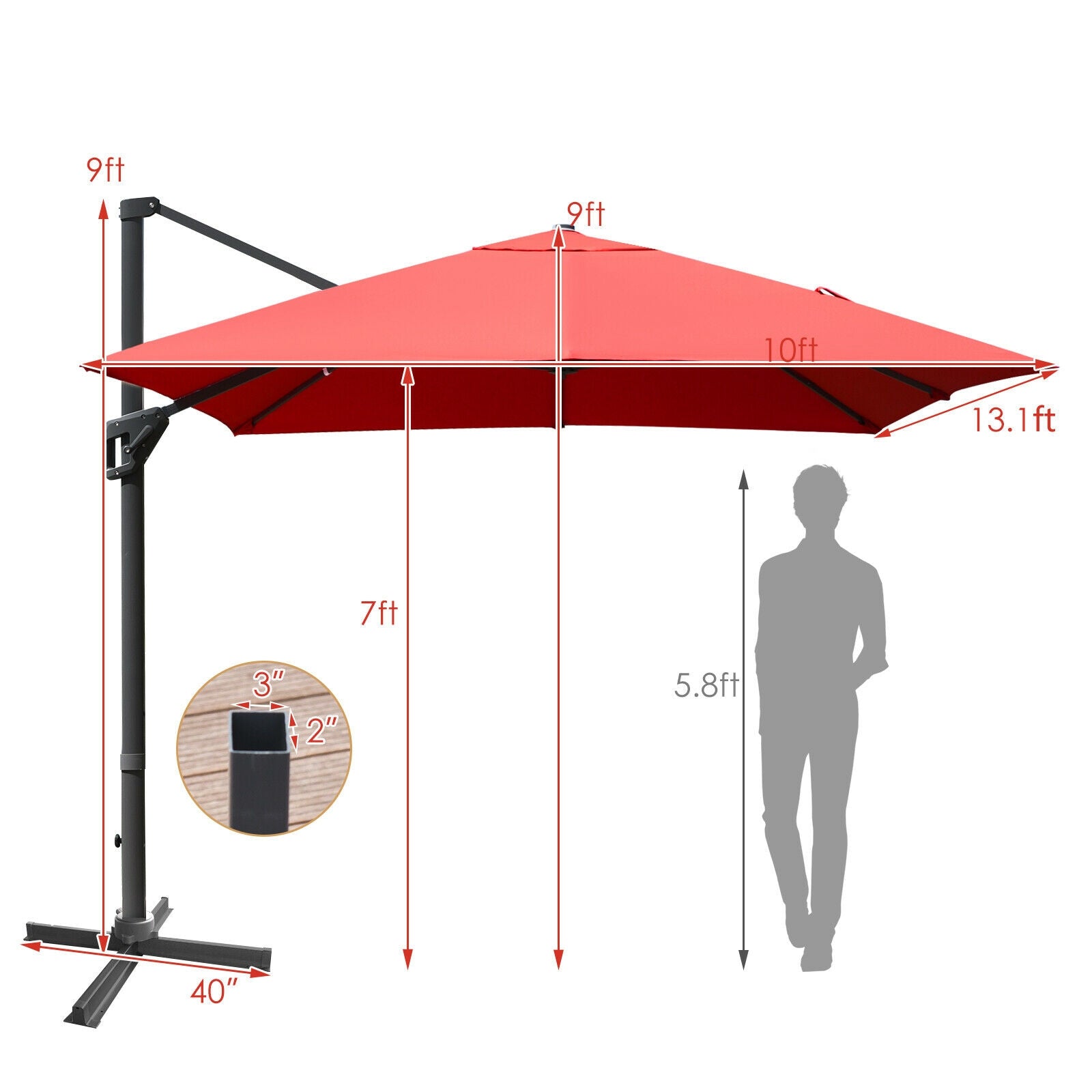 10 x13 Feet Rectangular Cantilever Umbrella with 360° Rotation Function, Orange Outdoor Umbrellas at Gallery Canada