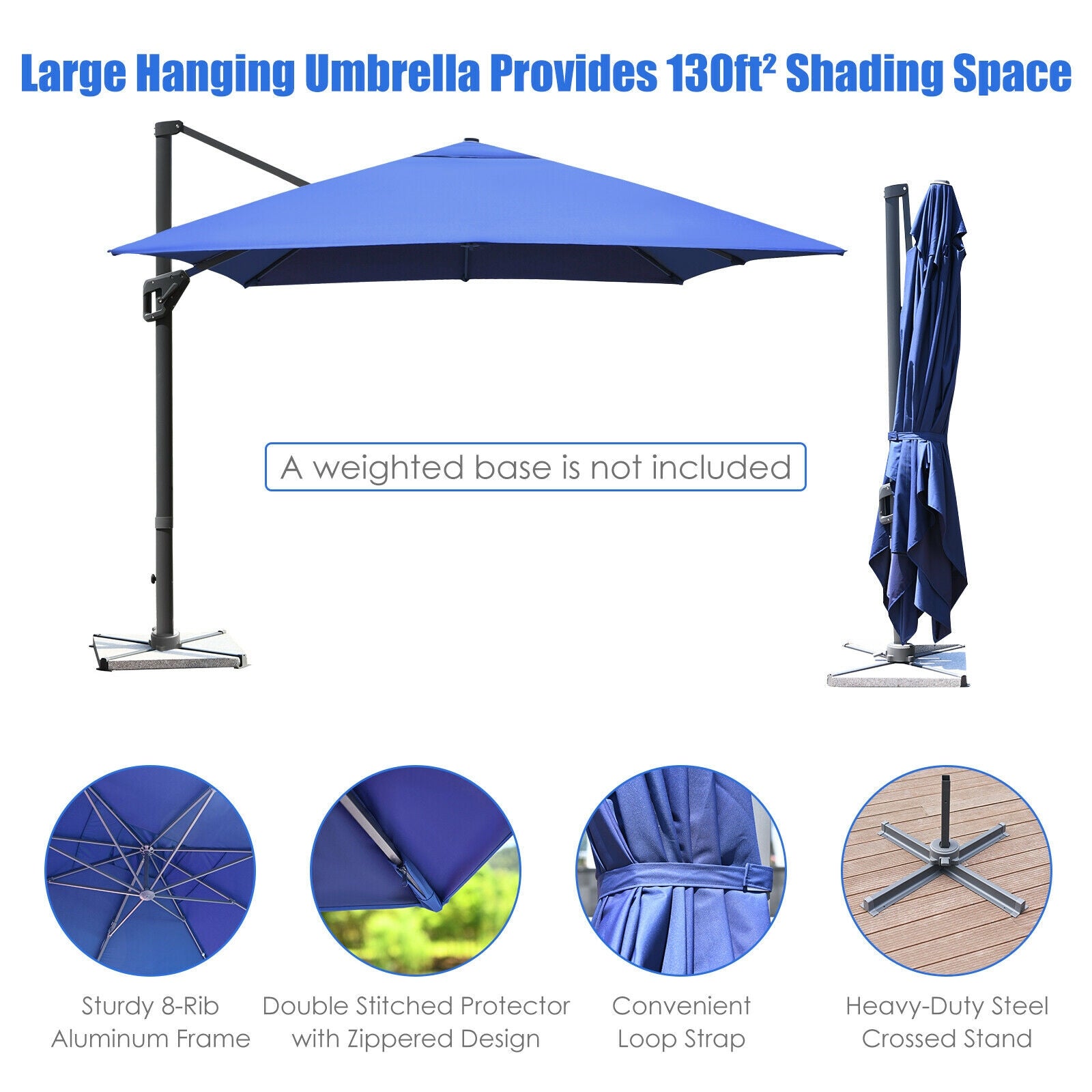 10 x13 Feet Rectangular Cantilever Umbrella with 360° Rotation Function, Navy Outdoor Umbrellas at Gallery Canada