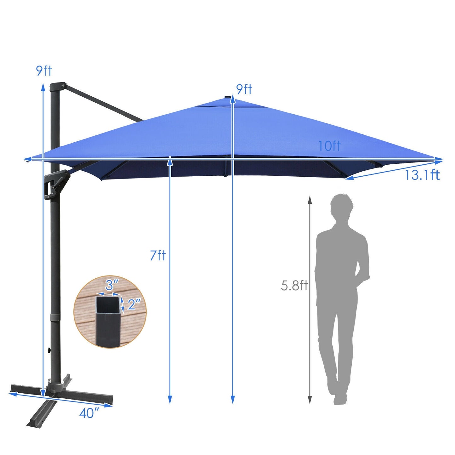 10 x13 Feet Rectangular Cantilever Umbrella with 360° Rotation Function, Navy Outdoor Umbrellas at Gallery Canada