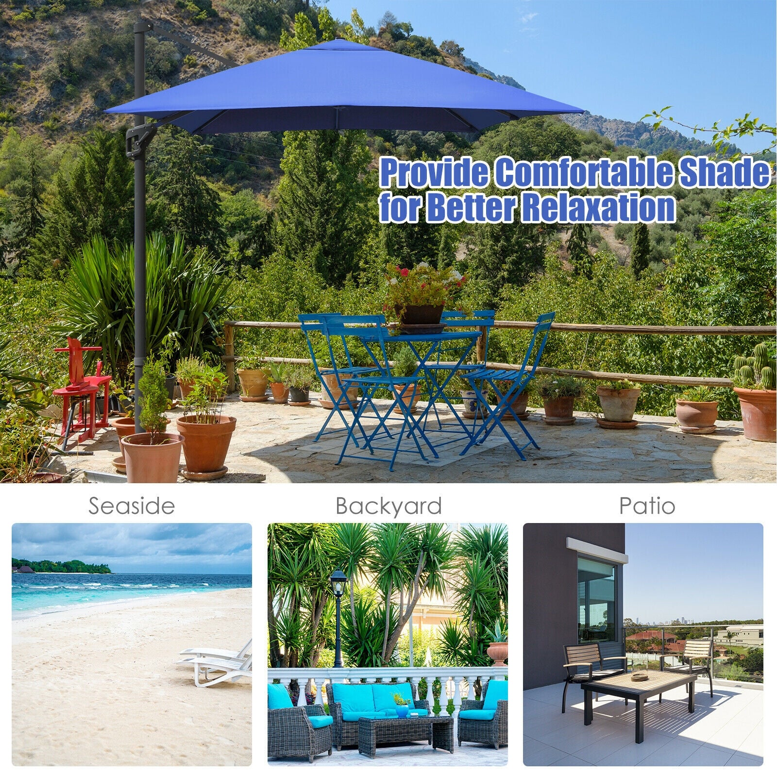 10 x13 Feet Rectangular Cantilever Umbrella, 360° Rotation, Navy Outdoor Umbrellas at Gallery Canada