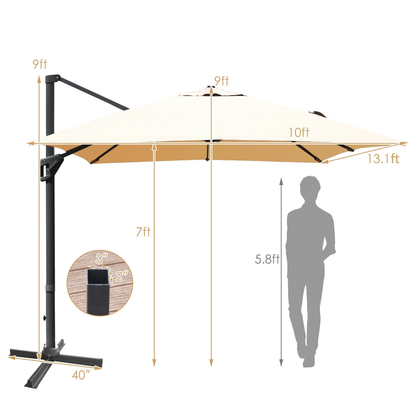 10 x13 Feet Rectangular Cantilever Umbrella with 360° Rotation Function, Beige Outdoor Umbrellas at Gallery Canada