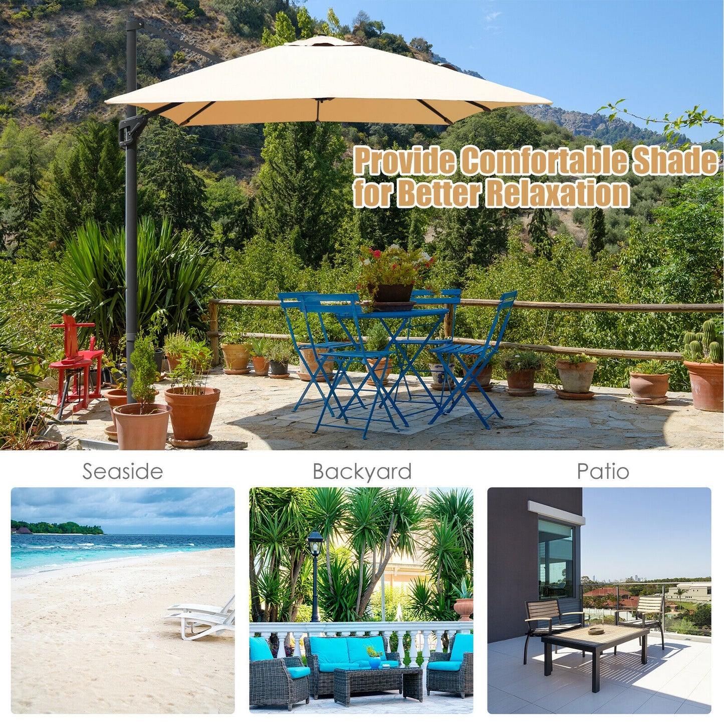 10 x13 Feet Rectangular Cantilever Umbrella with 360° Rotation Function, Beige Outdoor Umbrellas at Gallery Canada