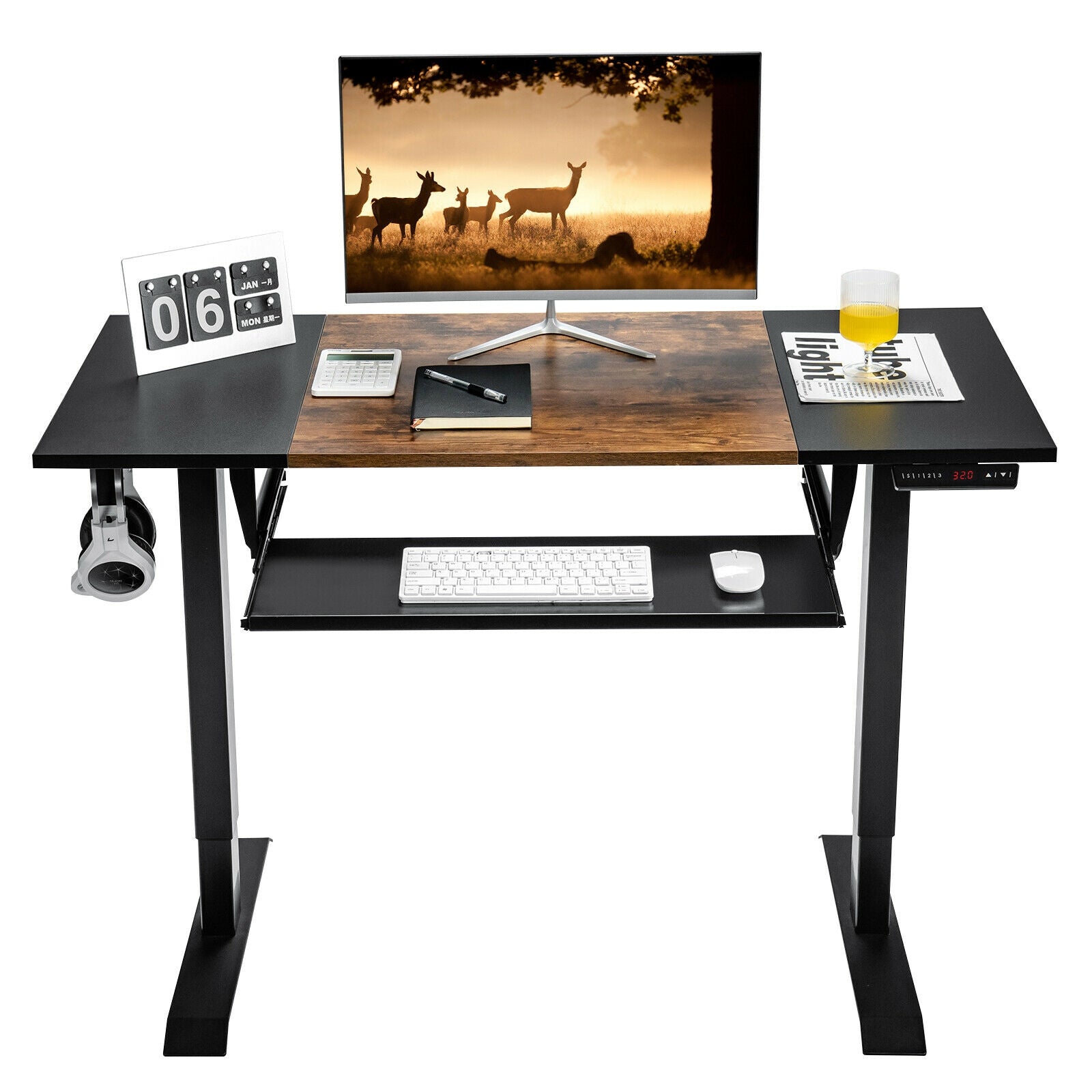 48 Inch Electric Sit to Stand Desk with Keyboard Tray, Rustic Brown Standing Desks at Gallery Canada