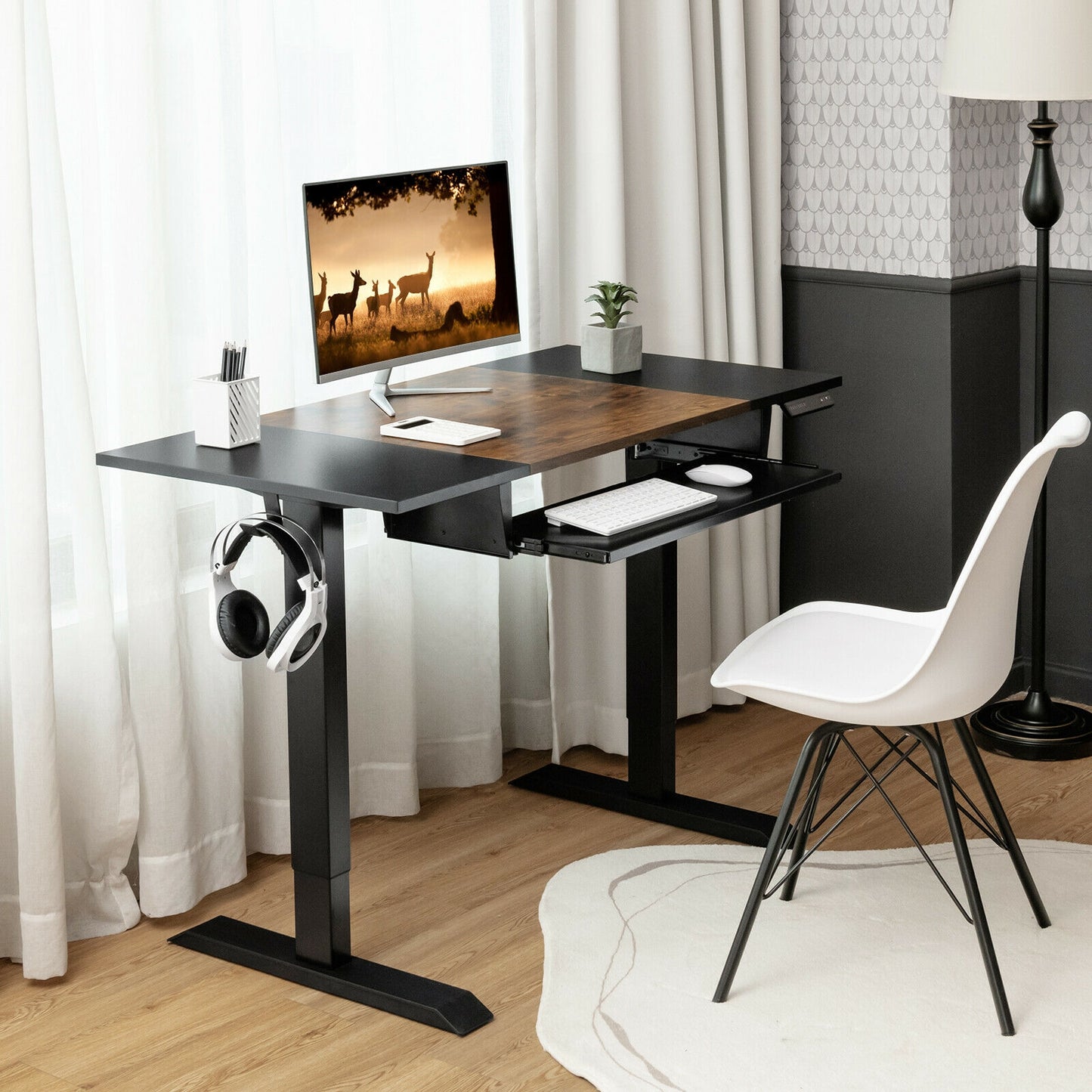 48 Inch Electric Sit to Stand Desk with Keyboard Tray, Rustic Brown Standing Desks at Gallery Canada