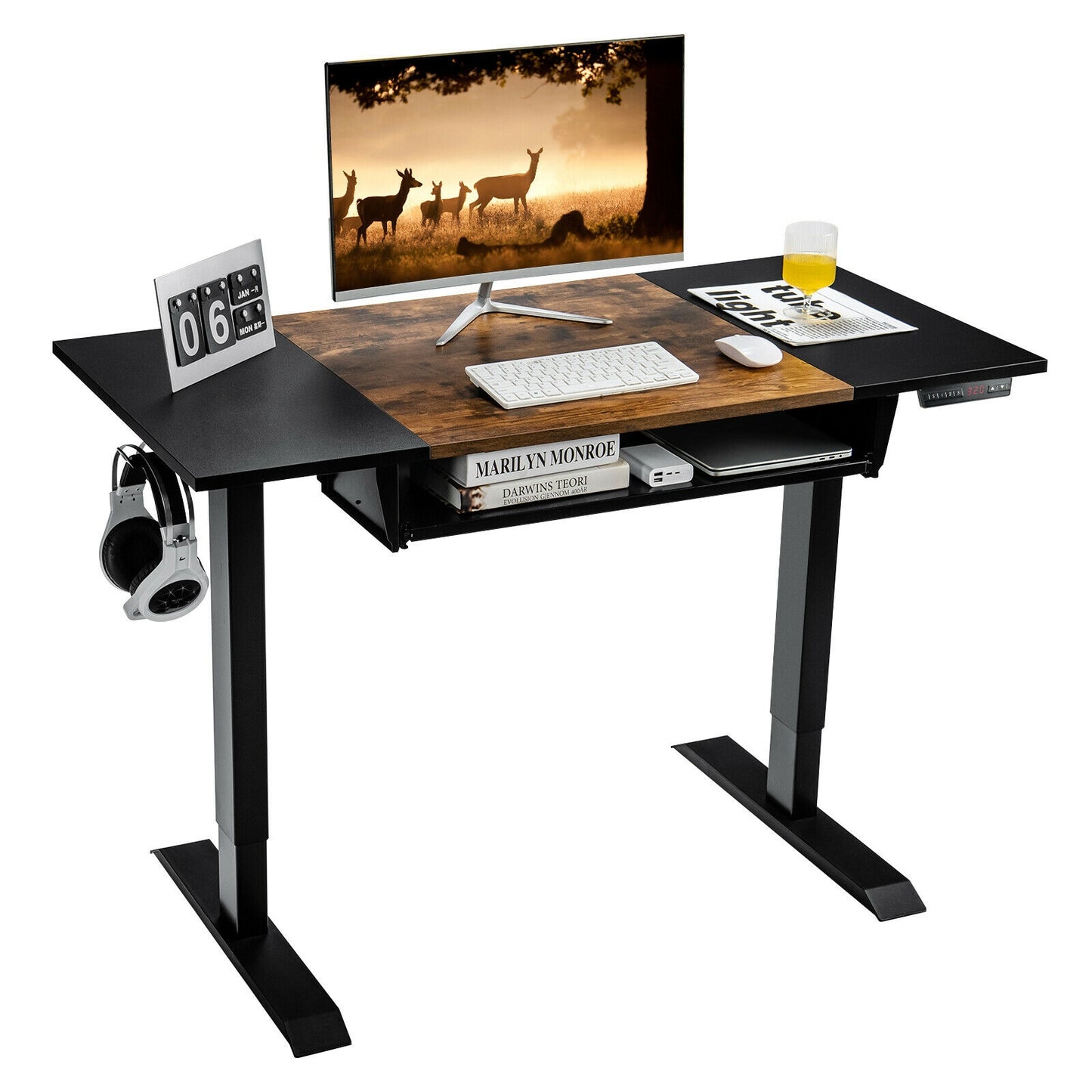 Bureau électrique assis-debout de 48 pouces, plateau clavier, marron rustique