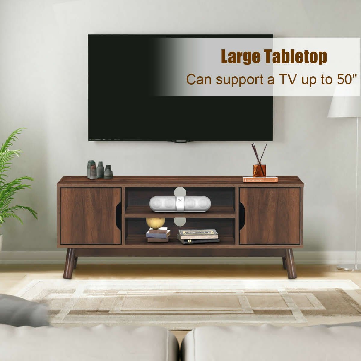 50 Inch Wood Media TV Stand with Storage Shelf, Coffee - Gallery Canada