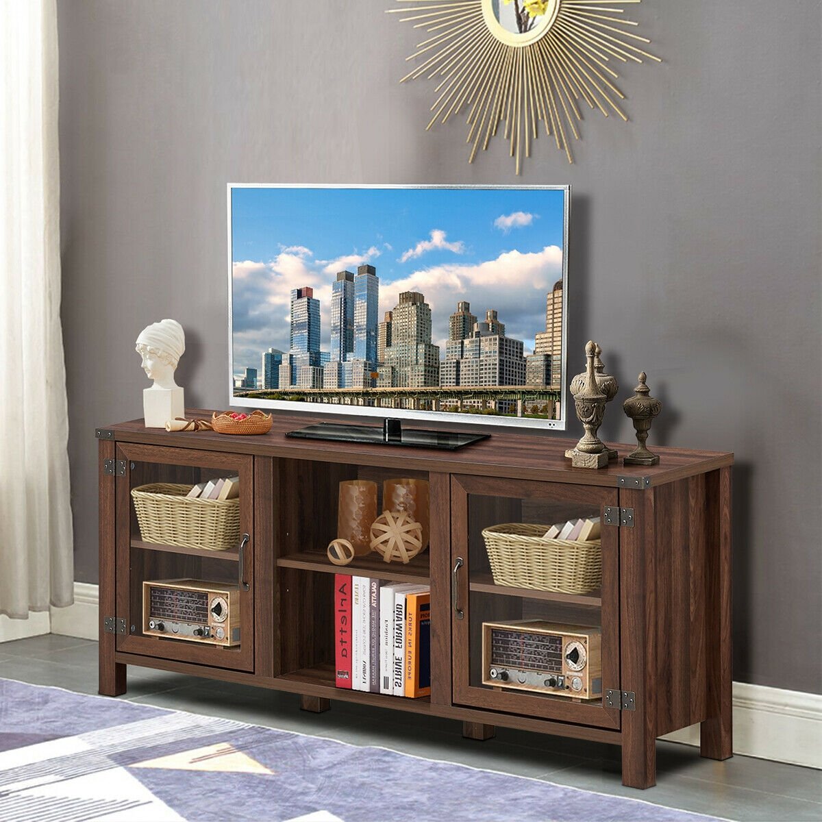TV Stand Entertainment Center for TV's with Storage Cabinets, Walnut - Gallery Canada