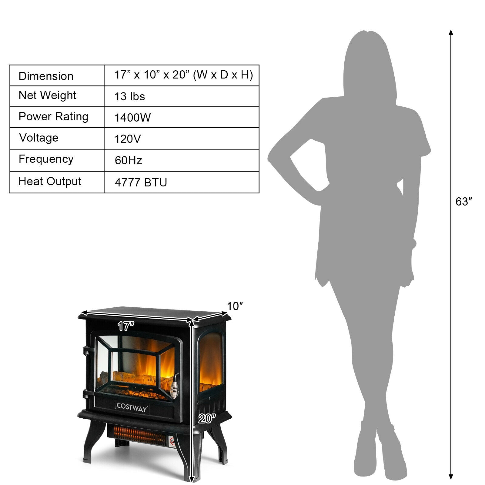 Freestanding Fireplace Heater, Realistic Dancing Flame Effect, Black Fireplaces at Gallery Canada
