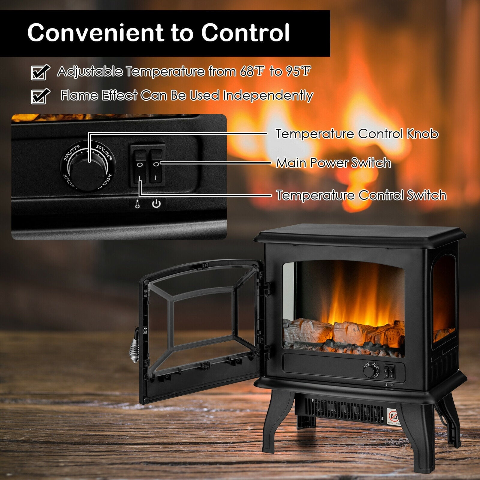Freestanding Fireplace Heater, Realistic Dancing Flame Effect, Black Fireplaces at Gallery Canada